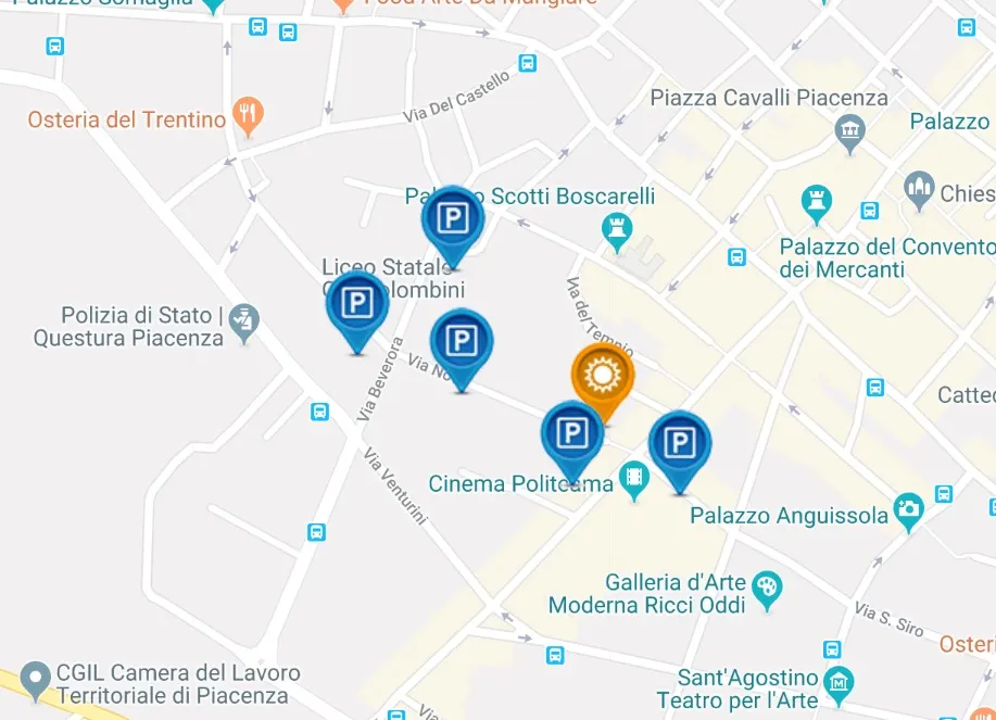 Mappa di via Nova 7 a Piacenza con i parcheggi vicini